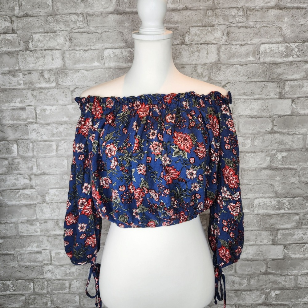 Live To Be Spoiled Blouse Off Shoulder Floral Cropped Blue Romantic Medium